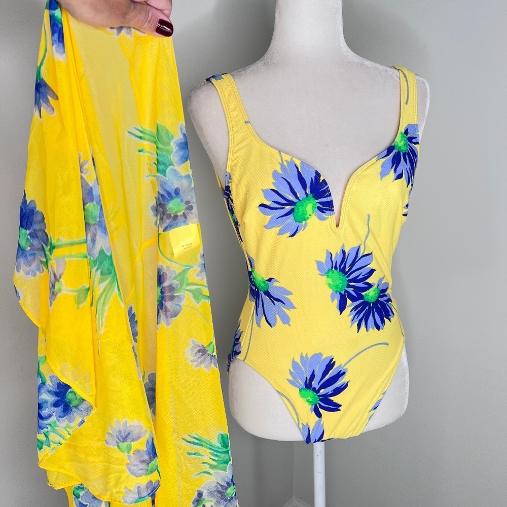 La Blanca Yellow Floral One-Piece Swimsuit w/Blue & Green Flowers - Picture 2 of 11
